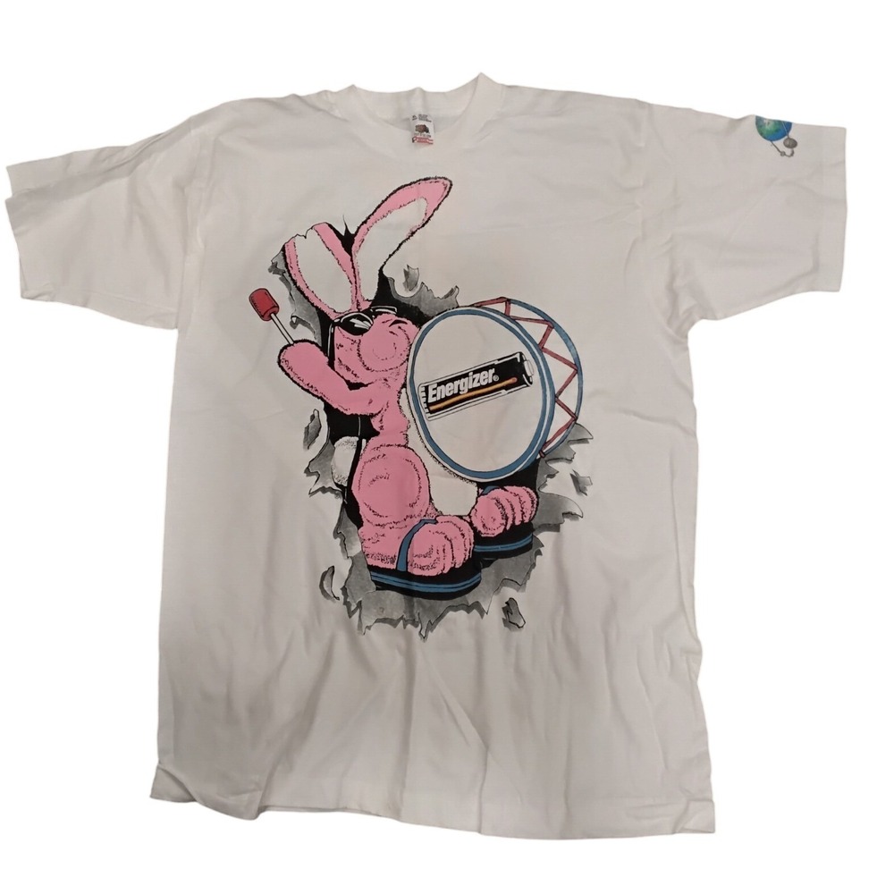 Vintage 90s Energizer Bunny T-Shirt XL White Drummer Rabbit Cartoon Graphic